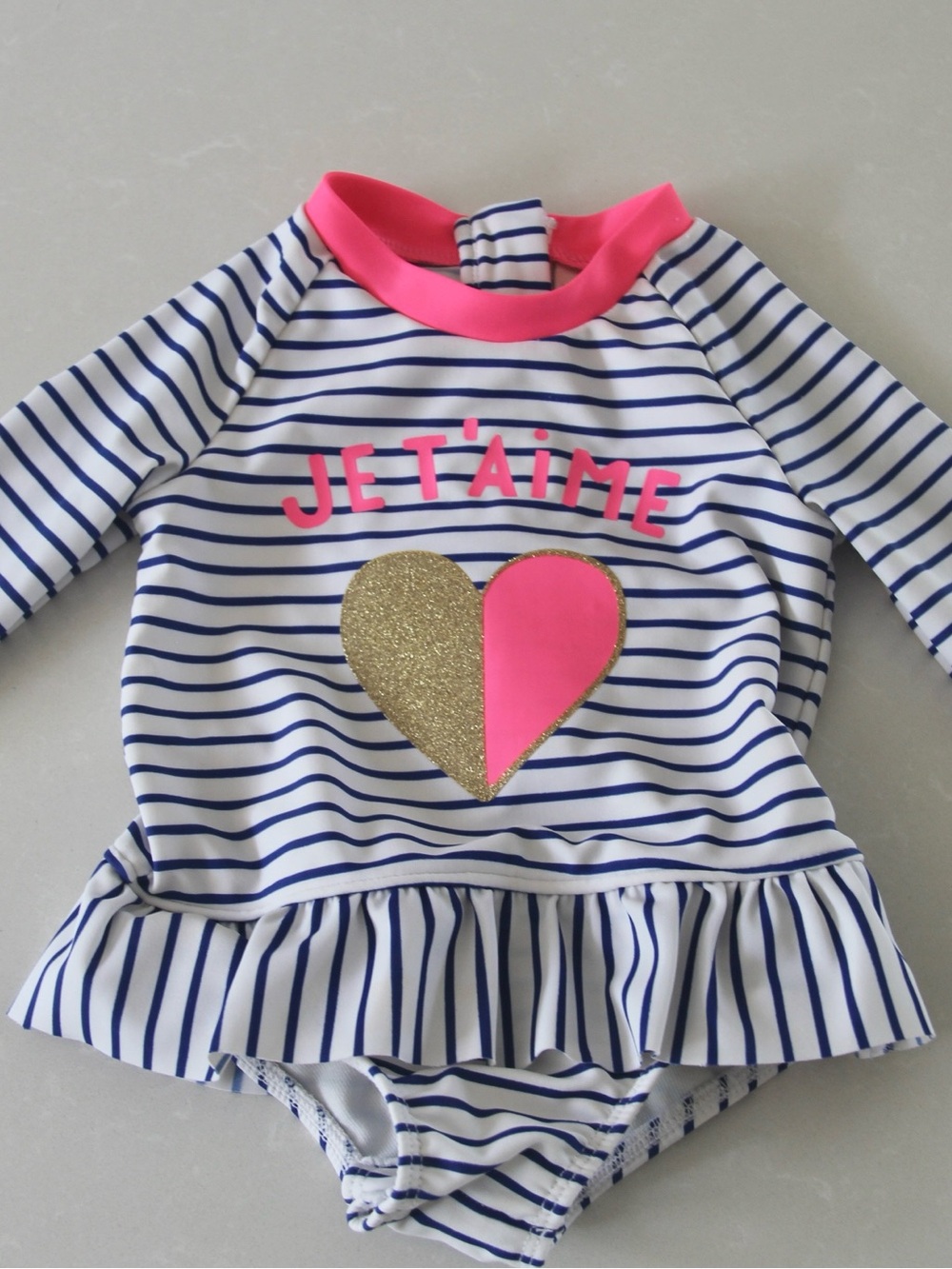 Oshkosh B’gosh Baby Pink & Gold Heart Stripe Rash Guard Swimsuit
